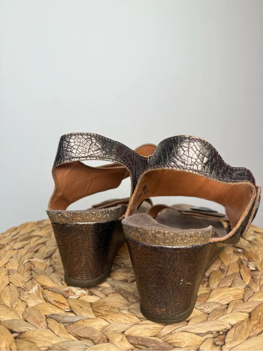 Taos Carousel 2 Sandal Metallic Bronze Leather Wedge Sandals Button Comfort